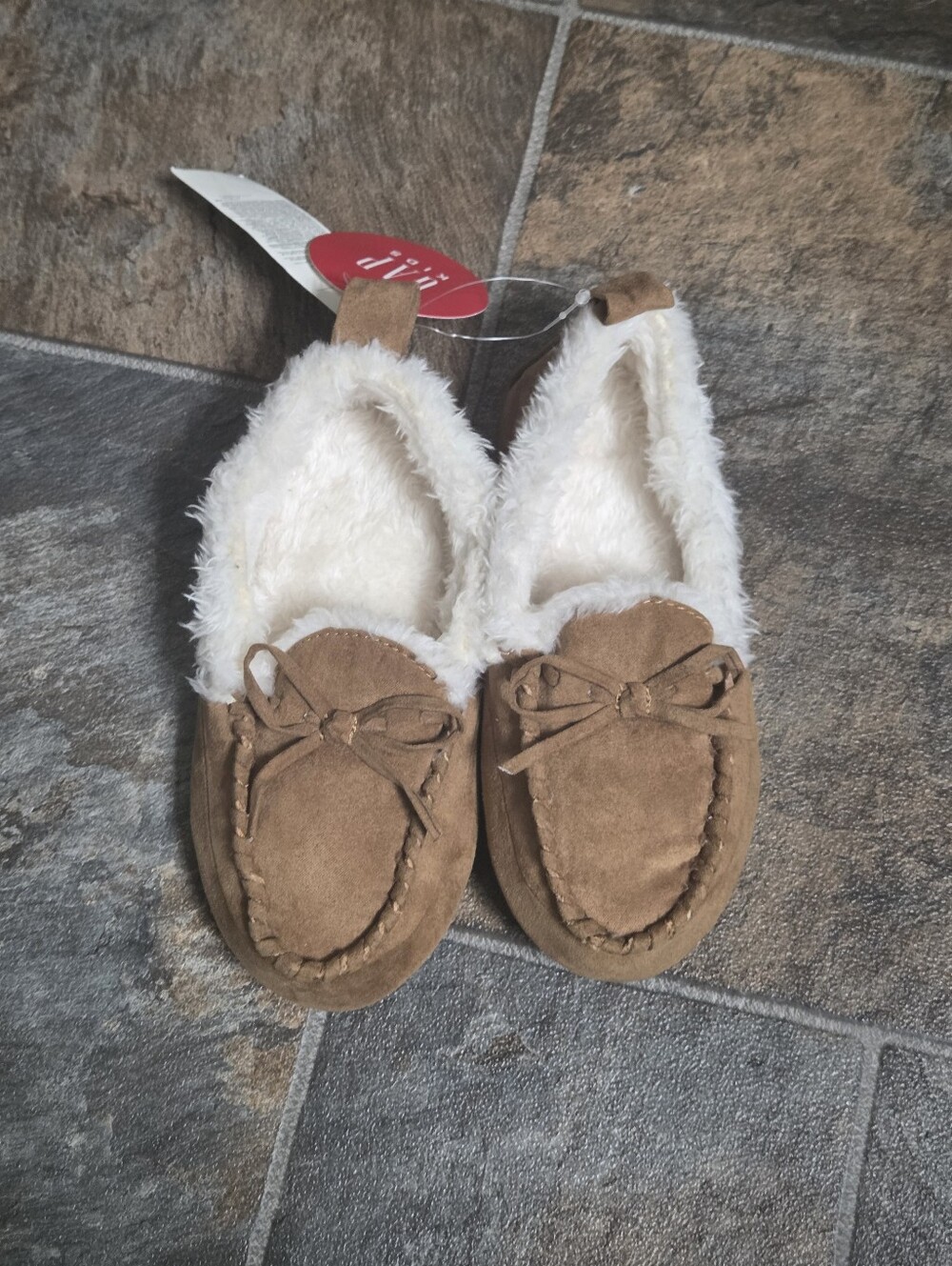 NWT Gap Kids Moccasin Slippers with Faux-Fur Lining - Brown, SIZE 10/11T